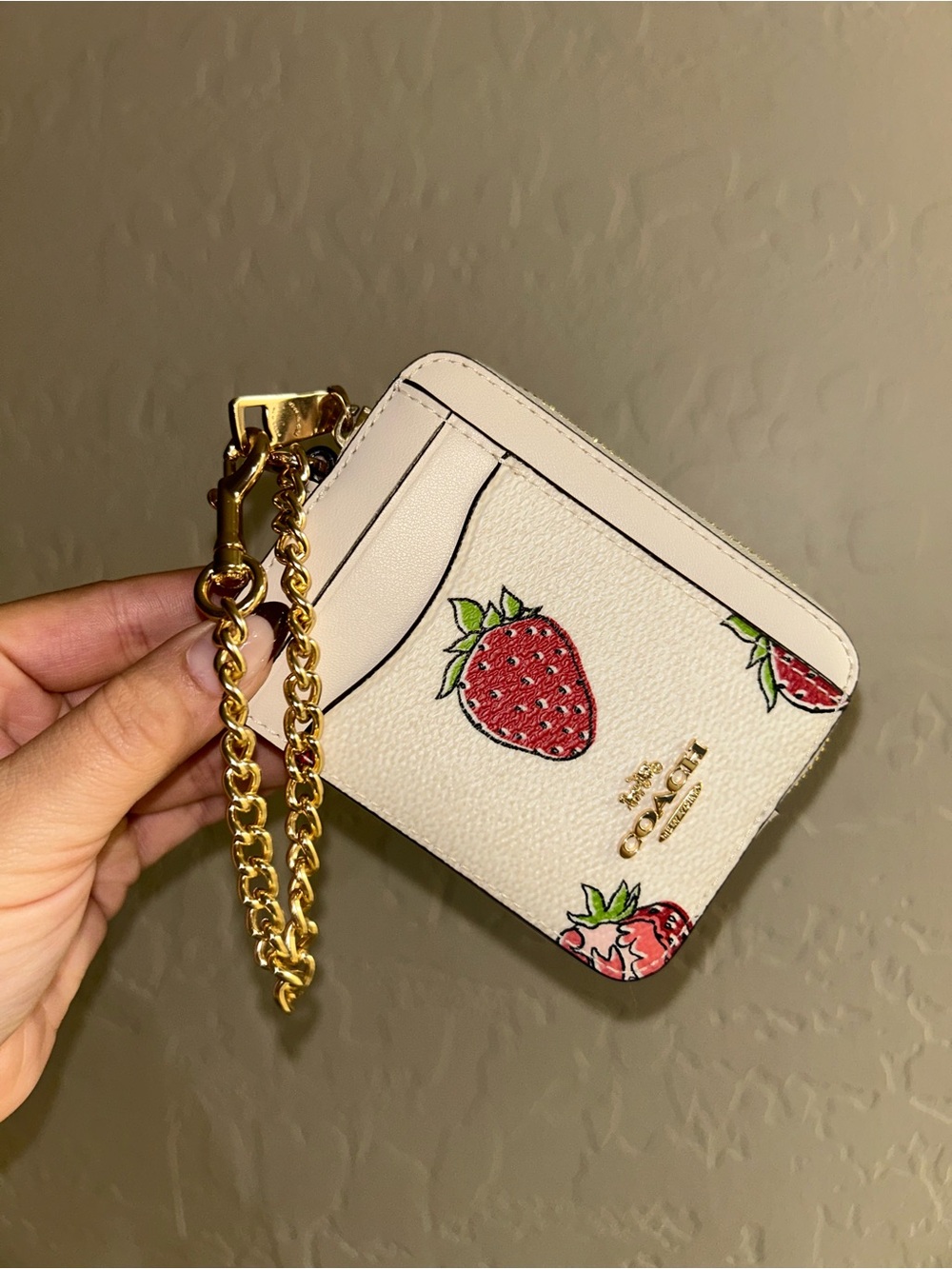 Coach Cream Strawberry Print Zip Card Case with Gold Chain